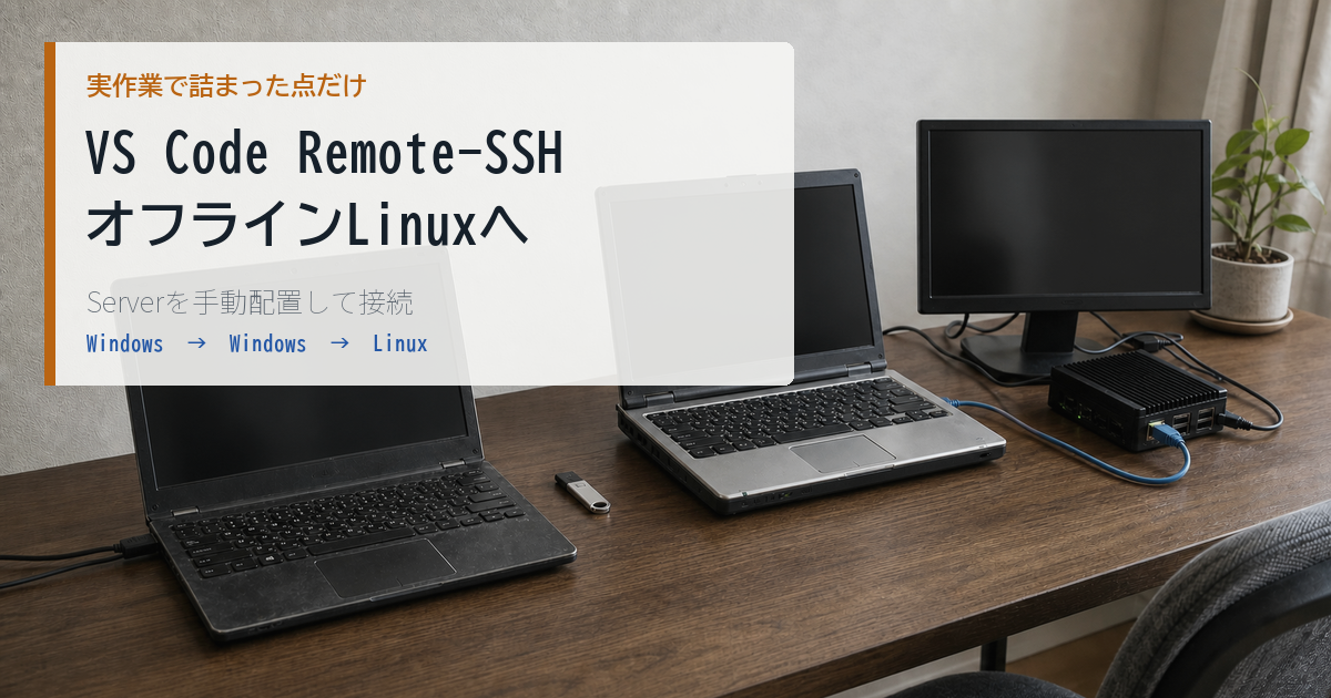 2台のWindows PCとオフラインLinux機を並べたRemote-SSH作業環境